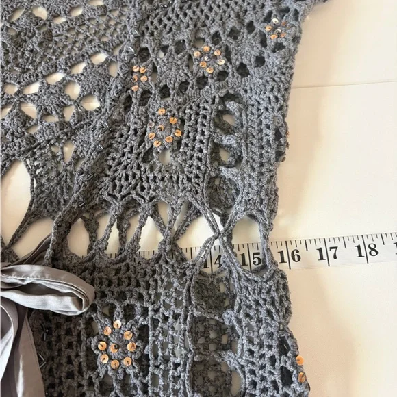 Boston Proper Blue/Gray Sequin Crochet Longline Cardigan (S) Fairy Grunge FLAWS - Picture 9 of 17